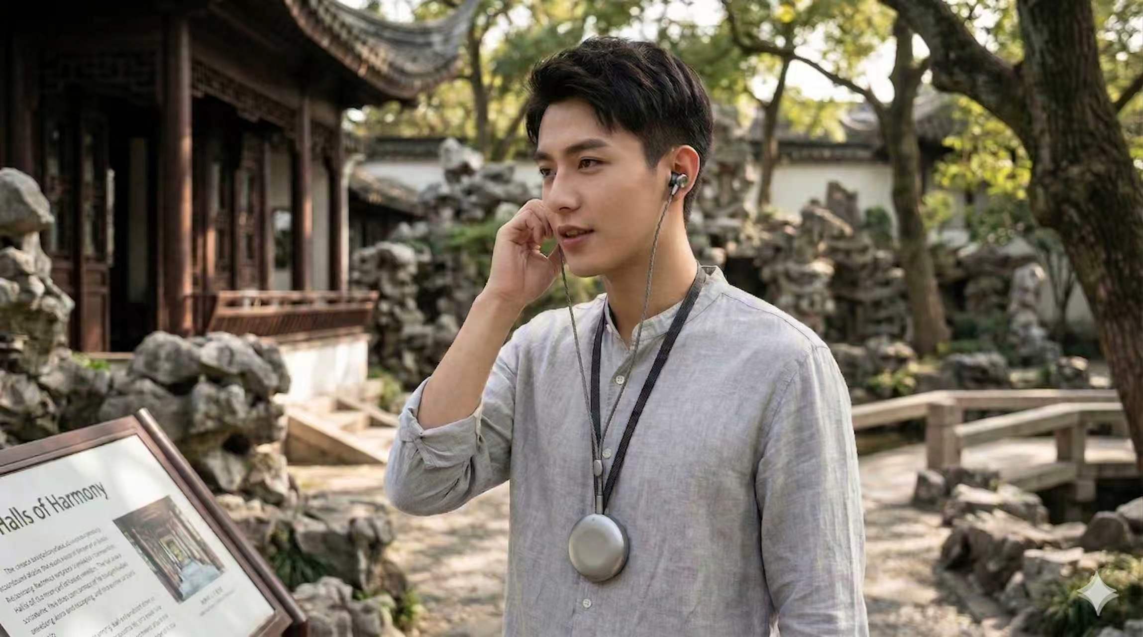 用户在园林场景中佩戴圆形随身智能设备